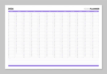 Year 2026 purple calendar with daily agenda vector illustration. Schedule page journal, stationery calendar, organizer template with twelve months. Wall planner with space for daily personal notes
