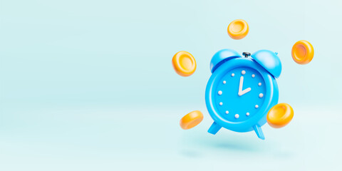 3D blue alarm clock and coins around. Time is money concept. Realistic banner with clock and money for business investment, earning, finance saving. Vector flyer for payment and purchases reminder