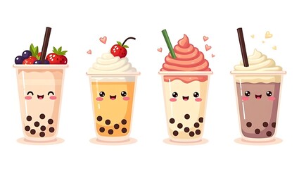 Cute bubble tea characters in vector style with playful expressions.