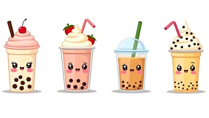 Cute bubble tea characters in vector style with playful expressions.