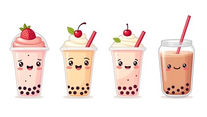 Cute bubble tea characters in vector style with playful expressions.