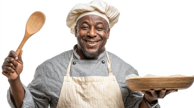 Chef in Apron Holding Wooden Spoon and Bread Culinary Expertise Cooking Demonstration Kitche