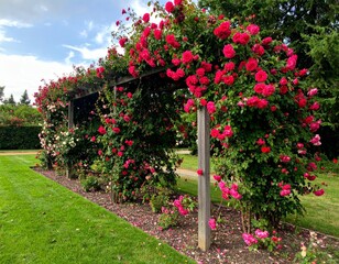 Vibrant Rose Archway Surrounded by Lush Green Grass in Garden