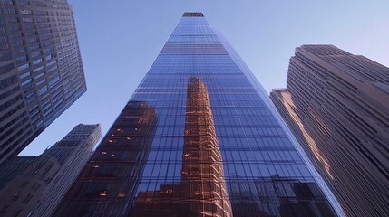 Closeup of a corporate tower's reflective facade, clean lines and urban reflections, sharp detail representing business innovation.  