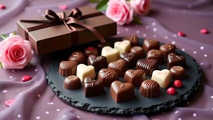 Elegant gourmet chocolates arranged beautifully with flowers and gift box.