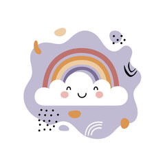 Smiling cloud with colorful rainbow and abstract shapes vector illustration in pastel style 