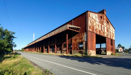 Abandoned Industrial Warehouse with Rusty Exterior and Clear Sky