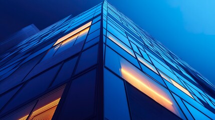 Closeup of a high-rise with blue-tinted windows and illuminated blinds, glowing lights against a black exterior, sleek and modern night aesthetic.  