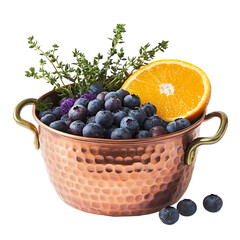Blueberries Thyme and Orange in Copper Bowl Isolated on Transparent Background