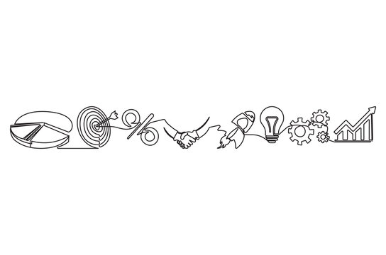 Continuous one line drawing of Set of business icon. Single line drawing illustration of Business strategy. Business growth up concept vector art. Doodle line illustration.