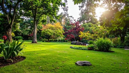 Obraz premium Lush Green Garden with Colorful Trees and Sunlight Cycles