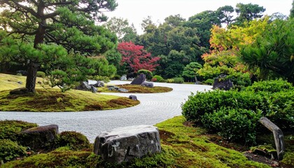 Serene Japanese Garden Pathway Surrounded by Vibrant Flora and Rocks