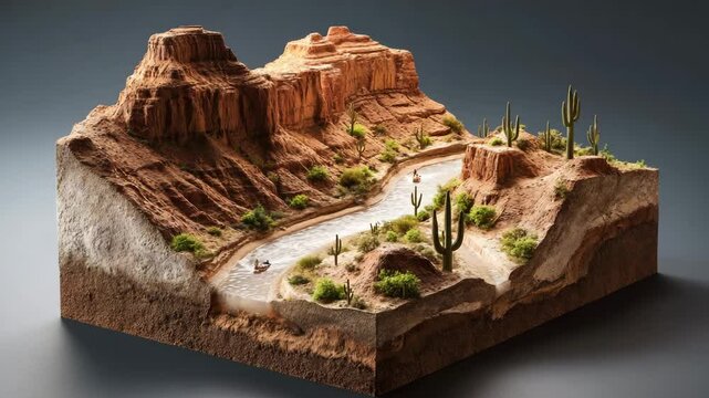 Cuboid diorama of a desert landscape featuring a winding river, terracotta colored cliffs, and cacti against a neutral gray background. The scene is rendered in a pixelated, low poly style.