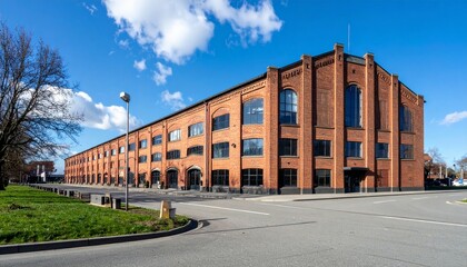 Fototapeta premium Red Brick Industrial Building with Large Windows and Clear Sky