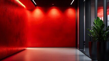 Closeup of a vibrant red office wall, smooth texture with clean lines, softly lit for a modern and minimalist aesthetic.  