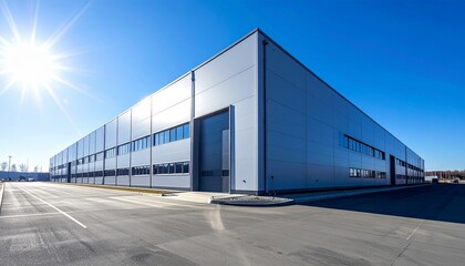 Fototapeta premium Modern Industrial Warehouse with Clear Blue Sky and Sunshine