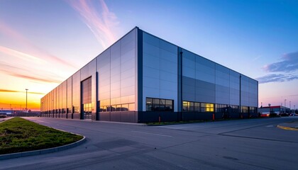 Obraz premium Modern Industrial Warehouse at Sunset with Colorful Sky Reflection