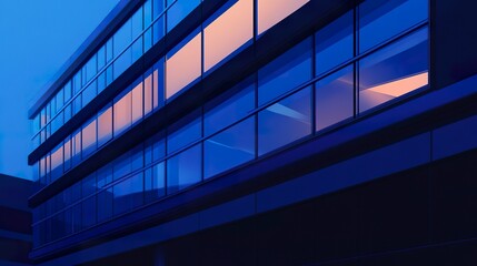 Fototapeta premium Close-up of an office building at night, blue-lit windows glowing softly, emphasizing modern design and urban atmosphere. 