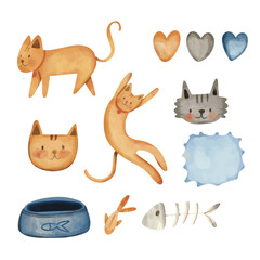 watercolor set of cute cat and heart shape,  cat and heart set, cute cat watercolor set for nursery room, card, or decoration