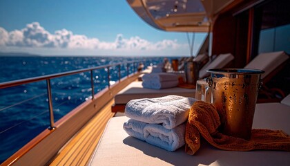 Obraz premium Luxury towels and ice bucket on sunbeds on big yacht