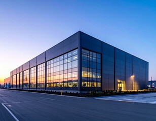 Obraz premium Modern Industrial Building with Glass Facade at Sunset