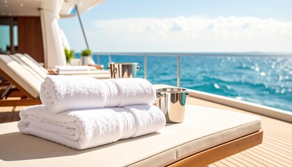 Fototapeta premium Luxury towels and ice bucket on sunbeds on big yacht