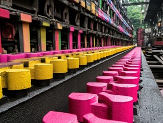 Colorful machine components in a factory