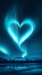 Aurora borealis heart over frozen lake