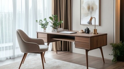 Fototapeta premium Elegant Home Office Setup With Modern Wooden Desk & Chair