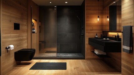 Modern, minimalist bathroom with warm wooden accents