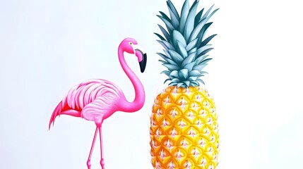 Obraz premium Playful pink flamingo next to a ripe pineapple.