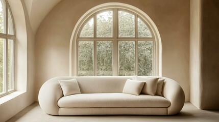 Fototapeta premium Minimalist Beige Sofa In Modern Interior With Arch Window