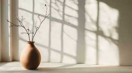 Minimalist Vase With Shadow Play, Cozy Interior Home Decor, Neutral Background