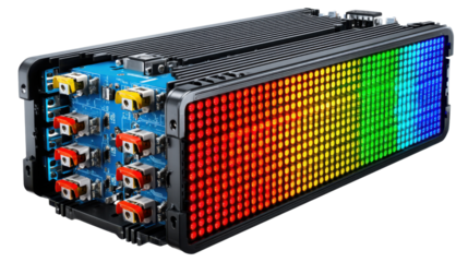 Tech Innovation: A detailed view of a technological device, showcasing the complexity of its internal components and the vibrancy of its integrated LED display.