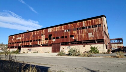 Fototapeta premium Rusty Industrial Warehouse Against Clear Sky in Abandoned Setting