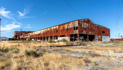 Fototapeta premium Abandoned Industrial Building with Rusty Exterior and Clear Sky