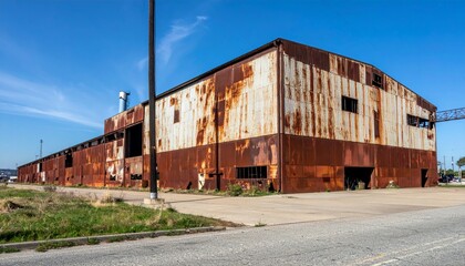 Fototapeta premium Old Industrial Warehouse with Rusty Exterior and Clear Blue Sky