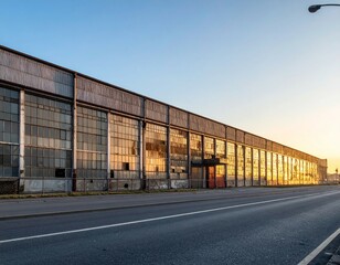 Abandoned Industrial Warehouse at Sunset with Reflection on Glass