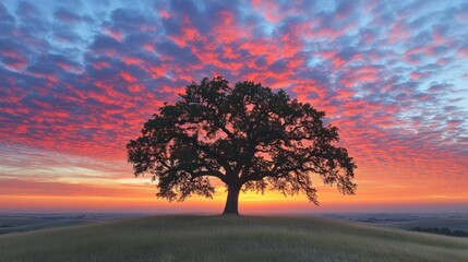 Majestic Oak Tree at Sunrise: A Vibrant Landscape