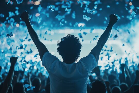 A soccer fan in a stadium cheering with arms raised in celebration. The image shows excitement and passion for the sport.