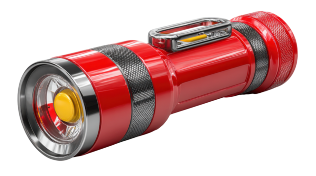 Red Flashlight: An isolated close-up shot showcasing a sturdy red flashlight with a powerful LED bulb and durable design, perfect for outdoor adventures and emergencies.