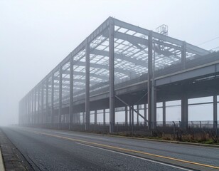 Obraz premium Foggy Urban Landscape with Abandoned Steel Structure and Road