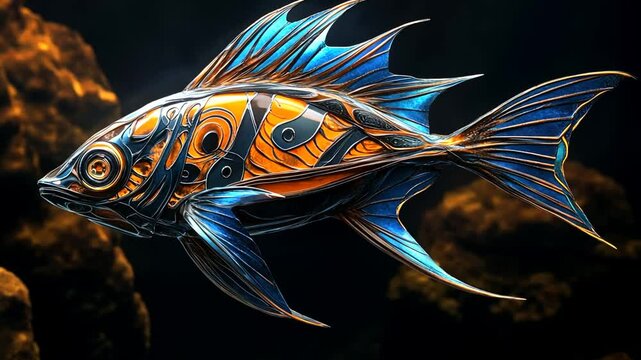 Intricate mechanical fish art with steampunk aesthetic and vibrant details