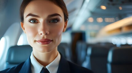 Flight Attendant's Face with Polished Look: Close-up of a flight attendant's face, polished and professional, with an airplane interior in the background. 
