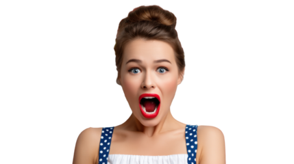 Shocked Woman: Close-up portrait of a young woman with a surprised and shocked expression, mouth wide open in disbelief. Her eyes are wide, and her lips are painted a vibrant red.