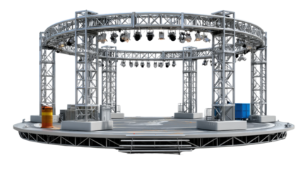 Modern Stage Construction: A robust steel stage designed for live performances and events, showcasing a blend of architectural elegance and industrial functionality. 