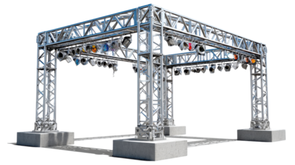 Modern Stage Setup: A modern stage setup stands bathed in spotlights, highlighting the intricate framework.