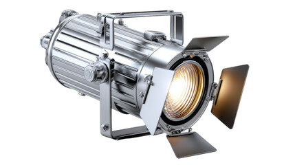 Studio Lighting: A close-up shot of a professional studio spotlight with a warm, golden light emanating from its lens.