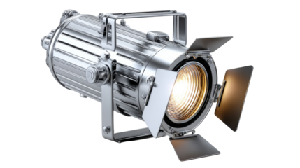 Studio Lighting: A close-up shot of a professional studio spotlight with a warm, golden light emanating from its lens.