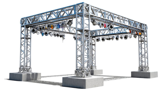 Modern Stage Setup: A modern stage setup stands bathed in spotlights, highlighting the intricate framework.